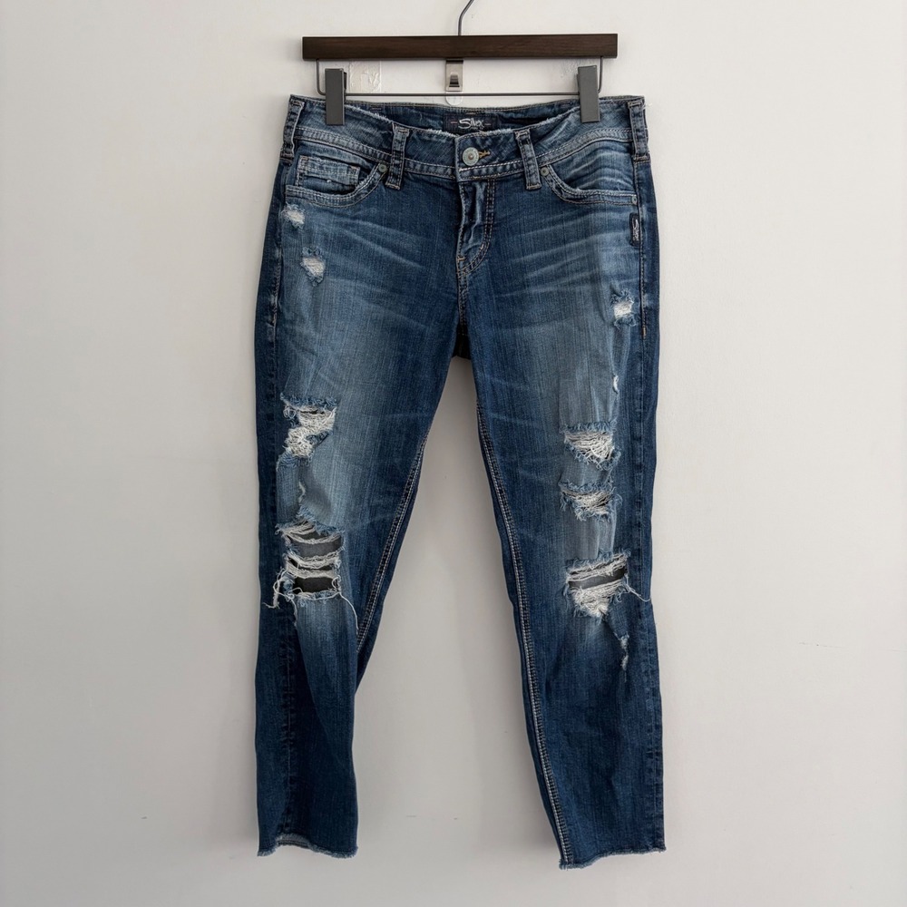 Silver Jeans Suki Skinny Crop Distressed Denim Blue W31 L25 L43965SJL241